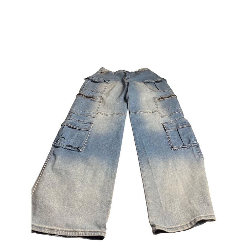 Fashion Nova Womens 11  Light Wash Wide-Leg Cargo Jeans Multiple Pockets